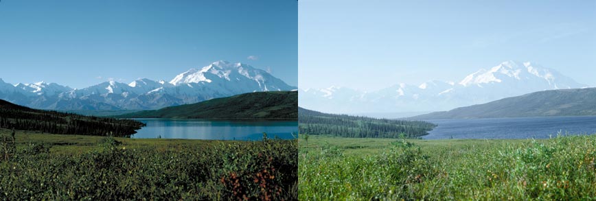 Image: left photo of clear air quality next to right photo of hazy air quality at Denali National Park.