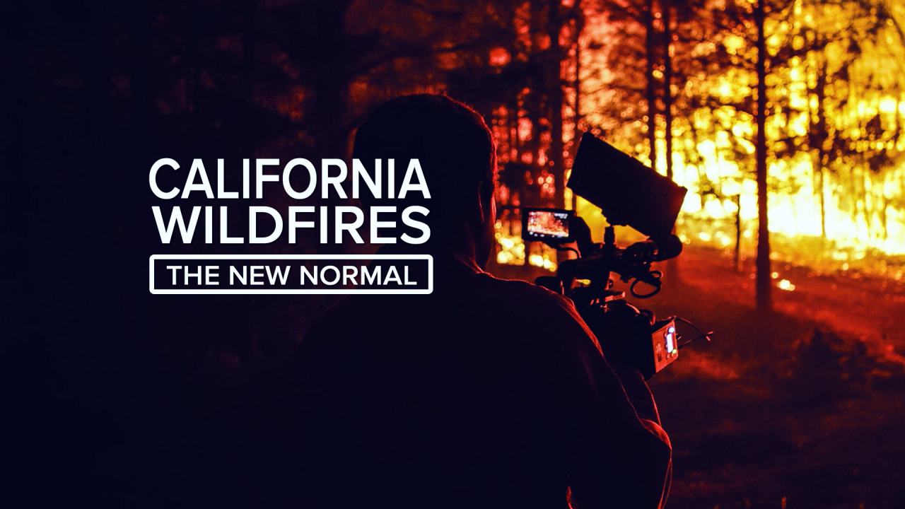 Image: promo image for ABC10's new series, The New Normal depicting a dark foreground with trees lit up by flames in the background and a camera person capturing the scene on film.