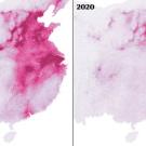Pollution levels in China in 2019, left, and 2020. Photograph: Guardian Visuals / ESA satellite data