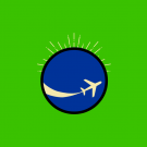 Image: a logo of a blue circle with an airplane over a green background.